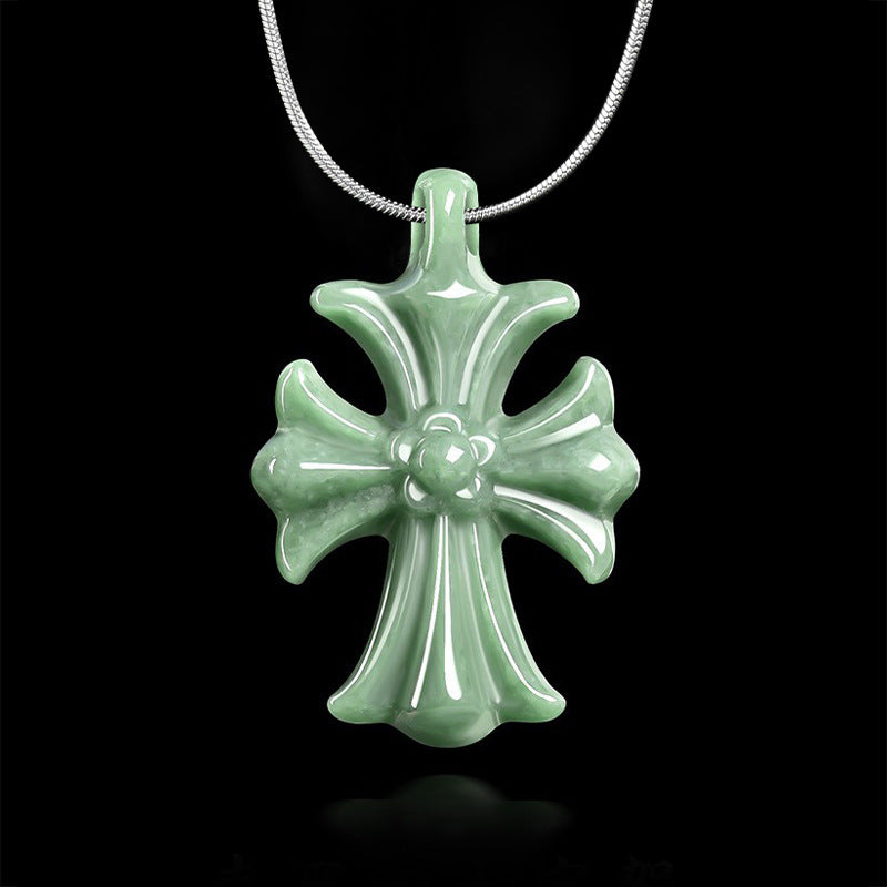 Natural Grade A Bean Green Jadeite Cross Pendant