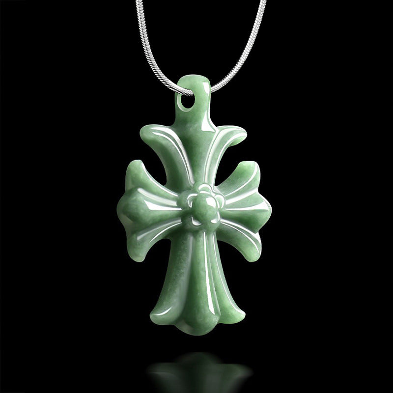 Natural Grade A Bean Green Jadeite Cross Pendant