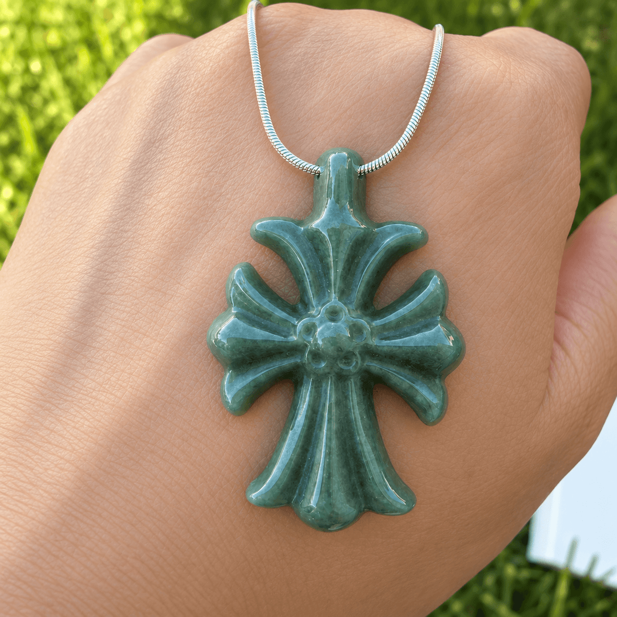 Natural Grade A Bean Green Jadeite Cross Pendant