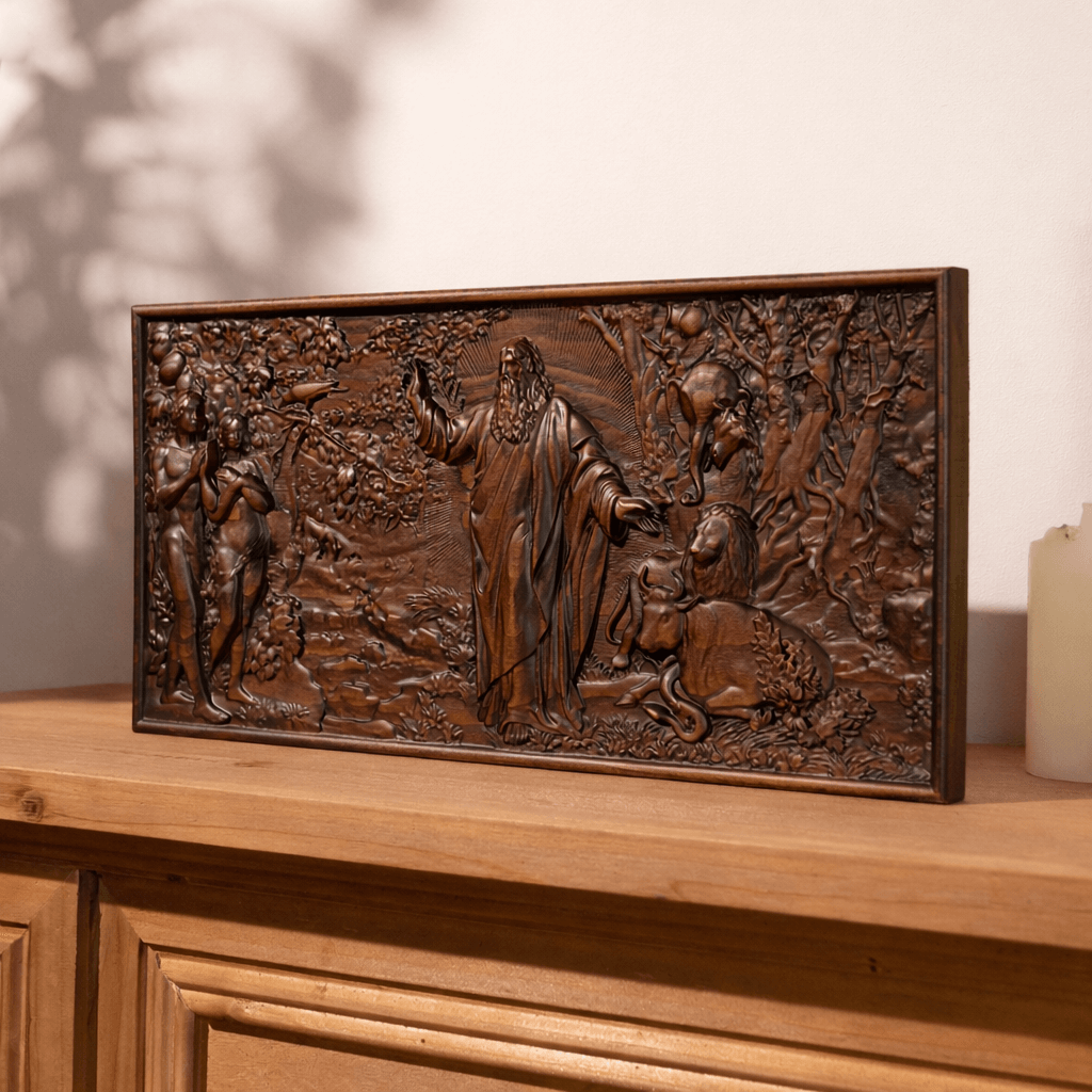 Angled view of handcrafted beechwood Garden of Eden relief plaque with detailed biblical carving