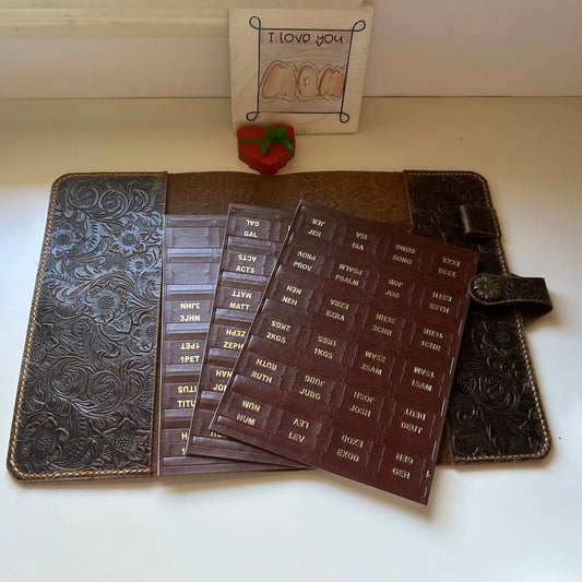Hand-stitched floral leather Bible cover closed view