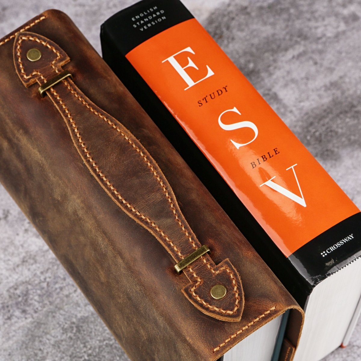 Inside pen loop of vintage leather ESV Bible cover
