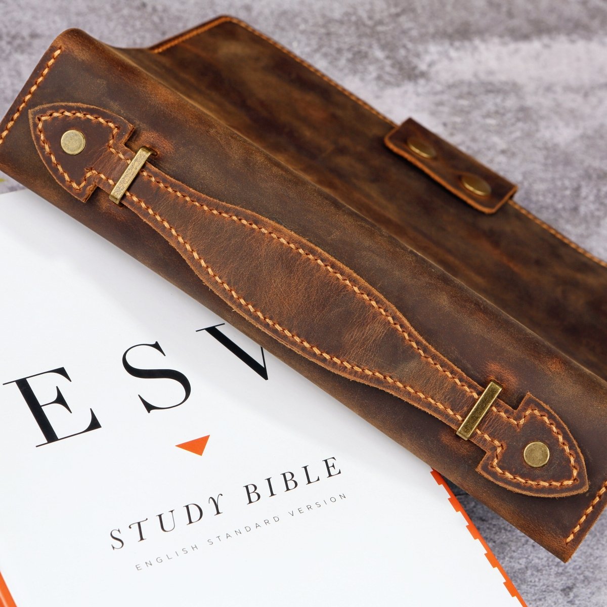Back view of vintage full grain leather Bible cover