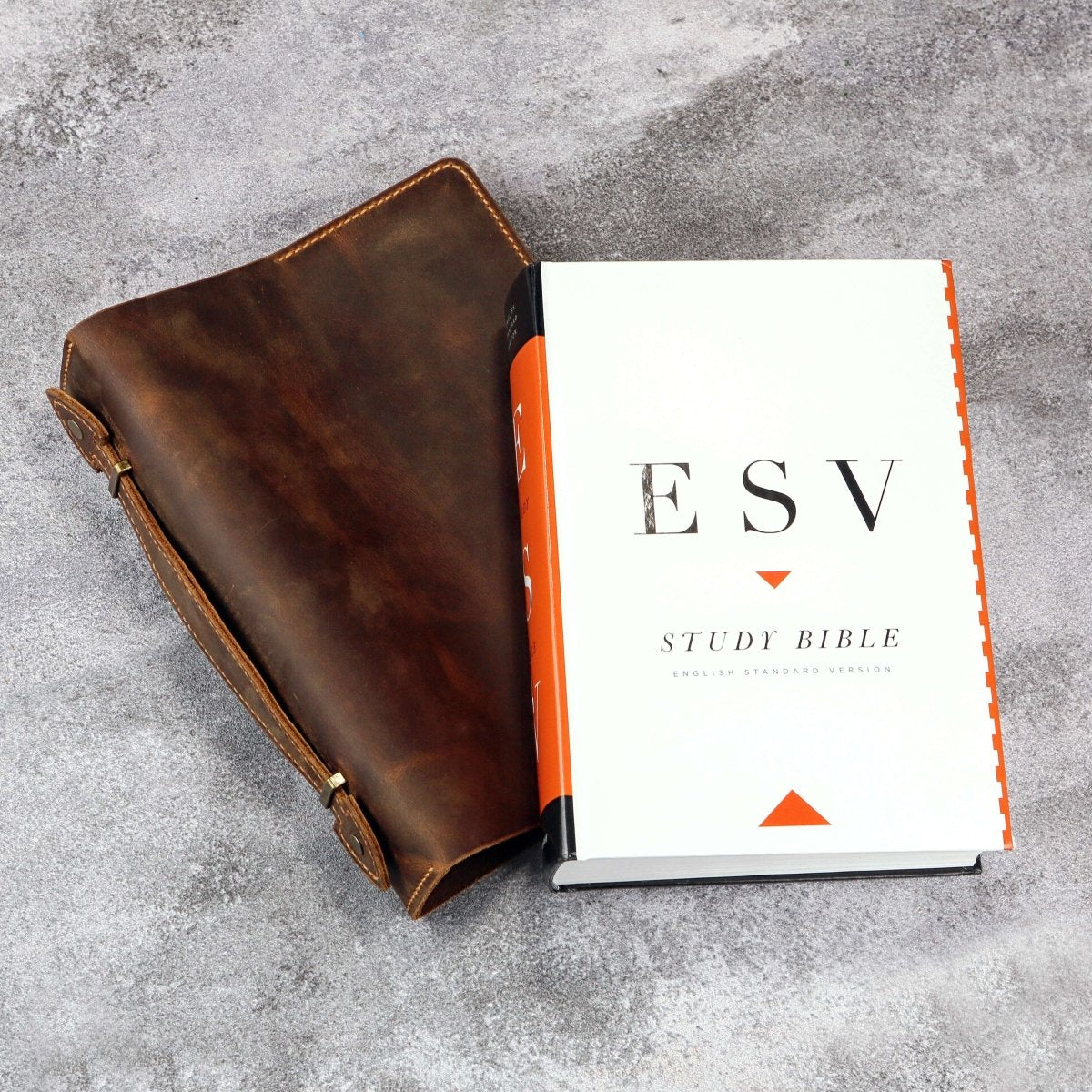 Vintage full grain leather ESV study Bible cover with handle, front view