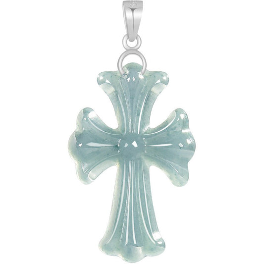 A light blue-water Type A jadeite translucent cross pendant with a polished silver bail, shown against a plain white background.