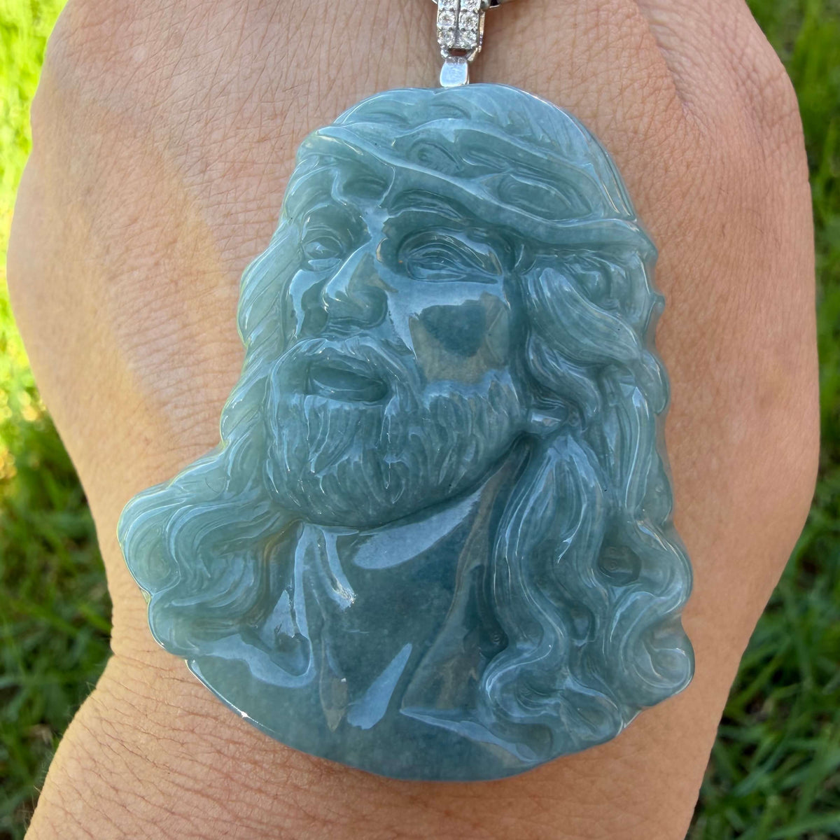 Natural Grade A Blue Water Jadeite Jesus Carving Pendant
