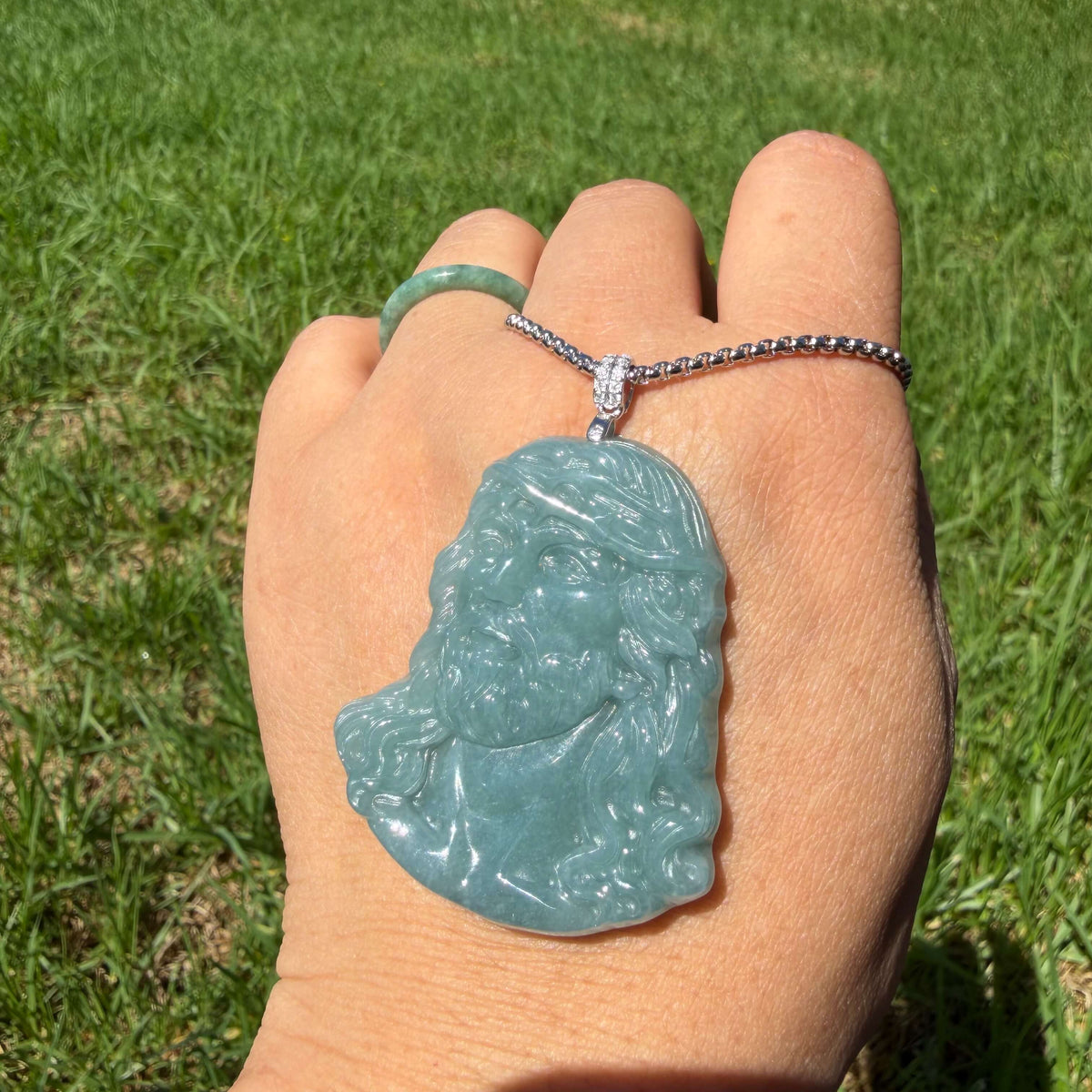 Natural Grade A Blue Water Jadeite Jesus Carving Pendant