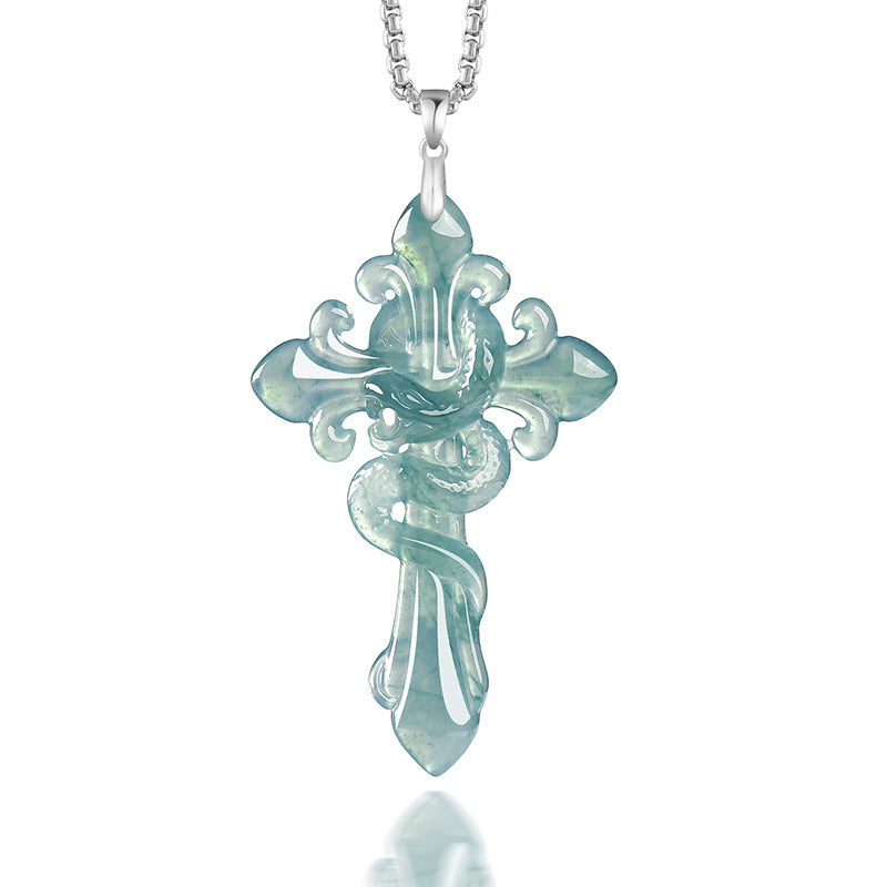 Blue water jadeite serpent cross pendant necklace close-up