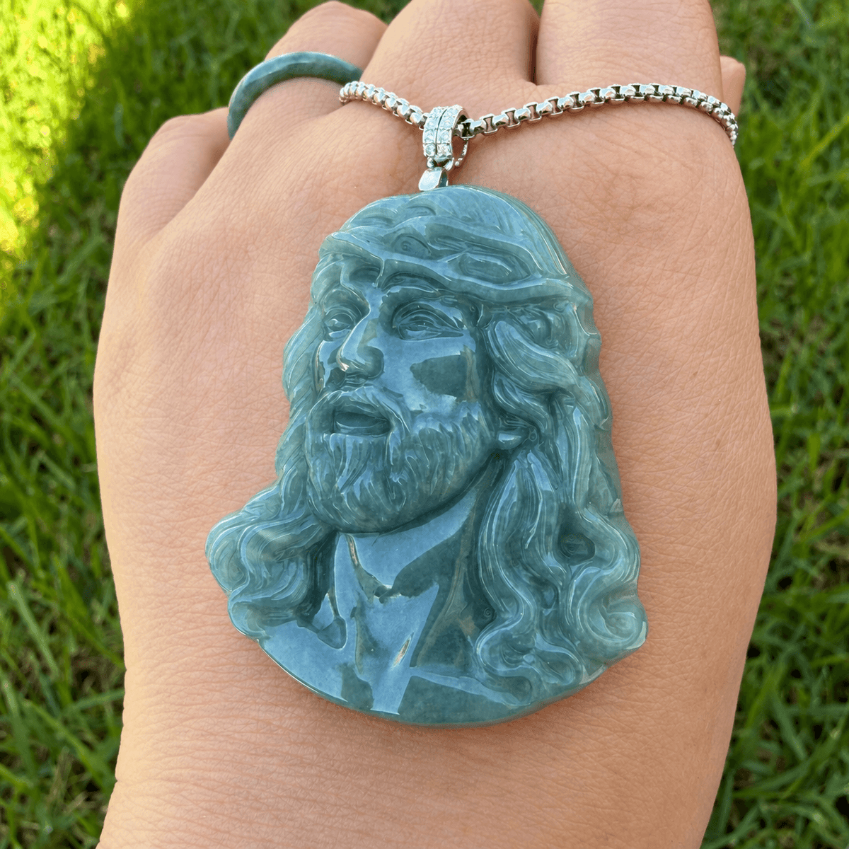 Natural Grade A Blue Water Jadeite Jesus Carving Pendant