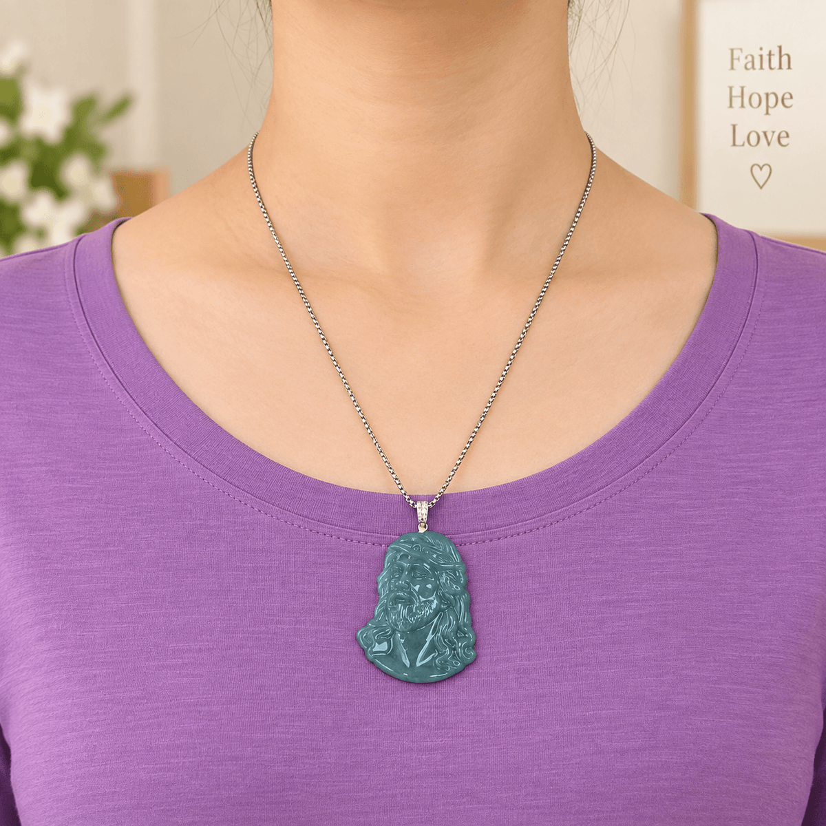 Natural Grade A Blue Water Jadeite Jesus Carving Pendant