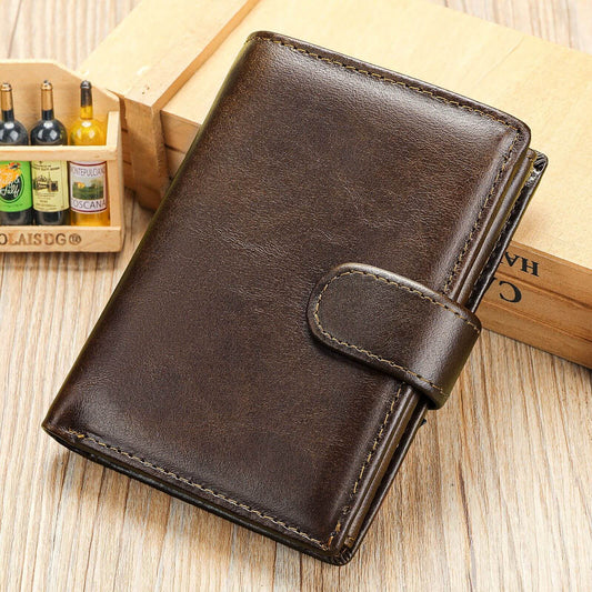 Genuine leather RFID brown wallet detail display showing ID window, snap button and large bill compartment