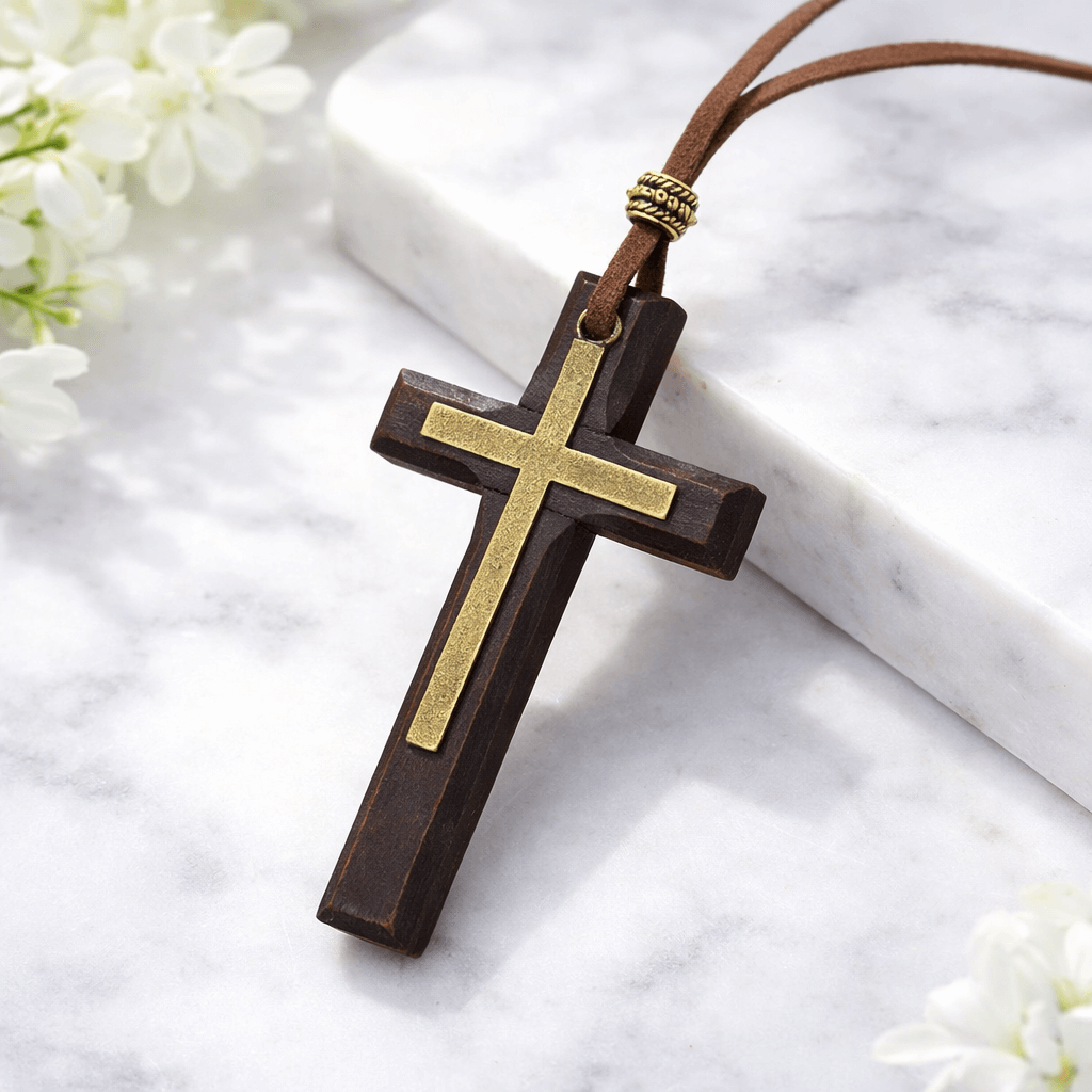 Brown wood cross necklace with brass metal overlay on leather cord