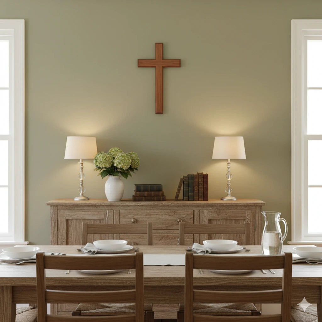 Warm dining room with a wall cross above the table, symbolizing peace, prayer, and faith in daily life.