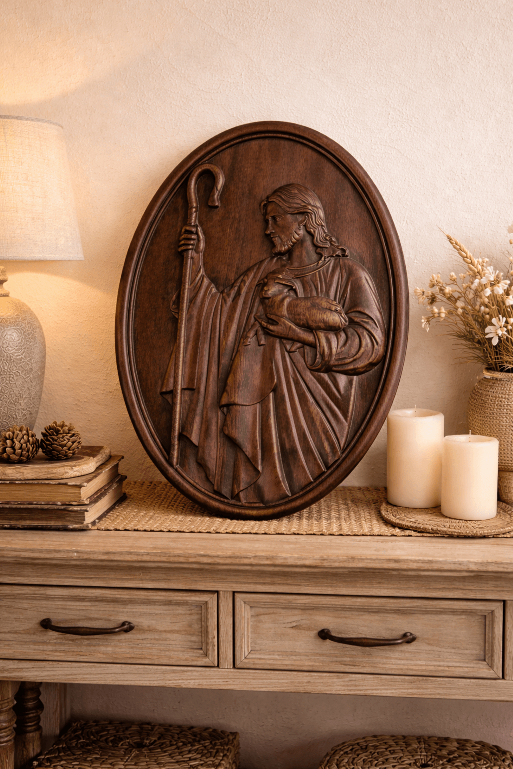 Wooden Jesus Good Shepherd relief displayed as tabletop Christian home decor