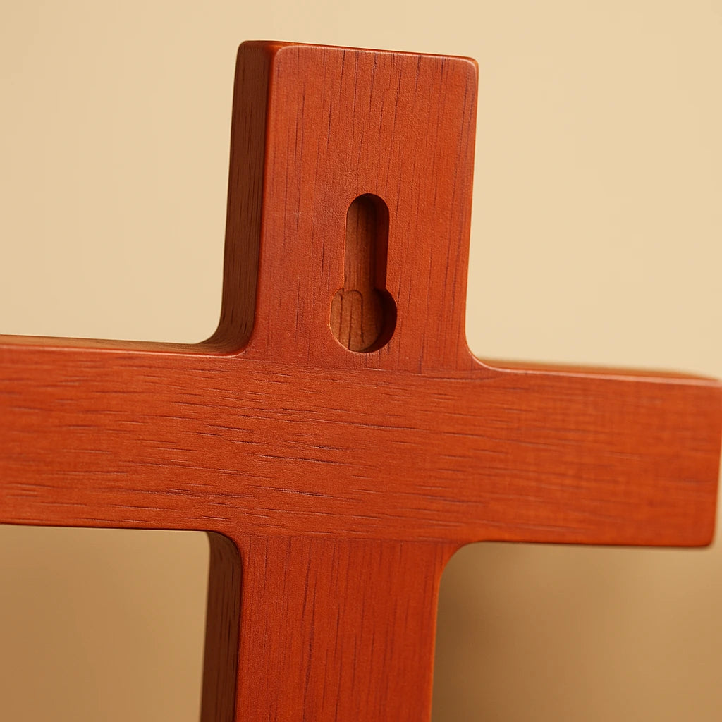 Close-up of a wooden cross with warm natural light, showing fine craftsmanship and smooth wood texture.