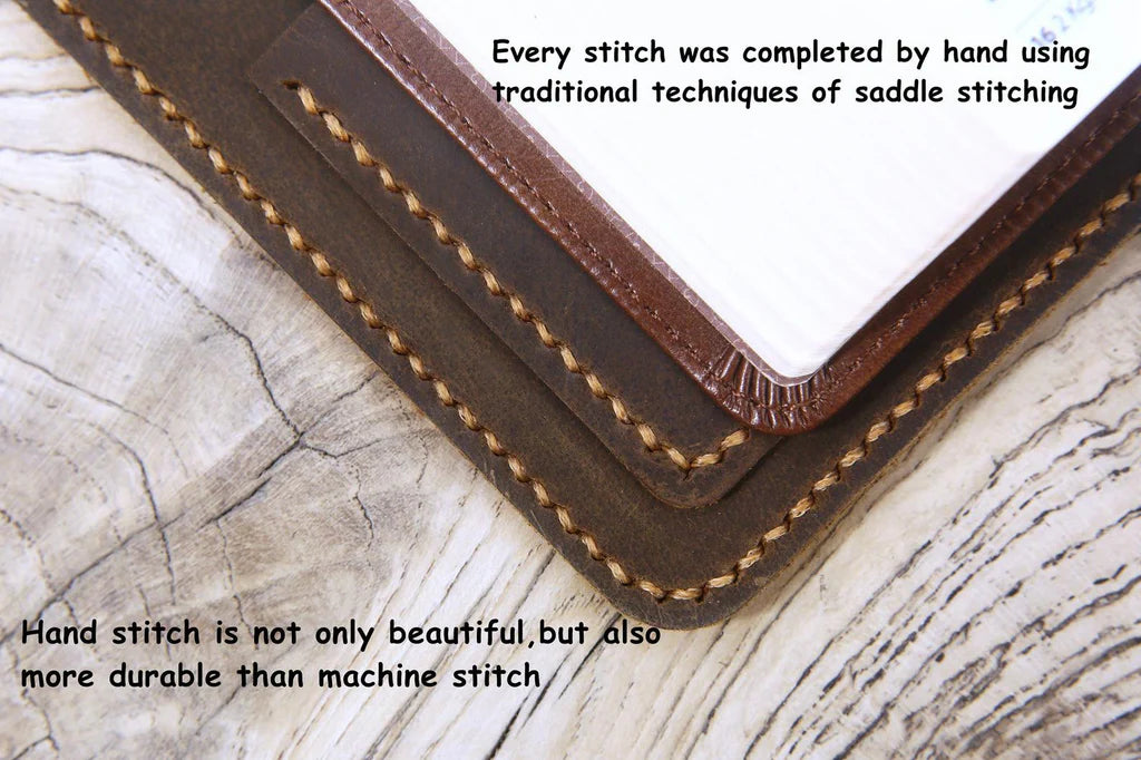 Close-up of hand stitching and leather texture on custom Bible cover