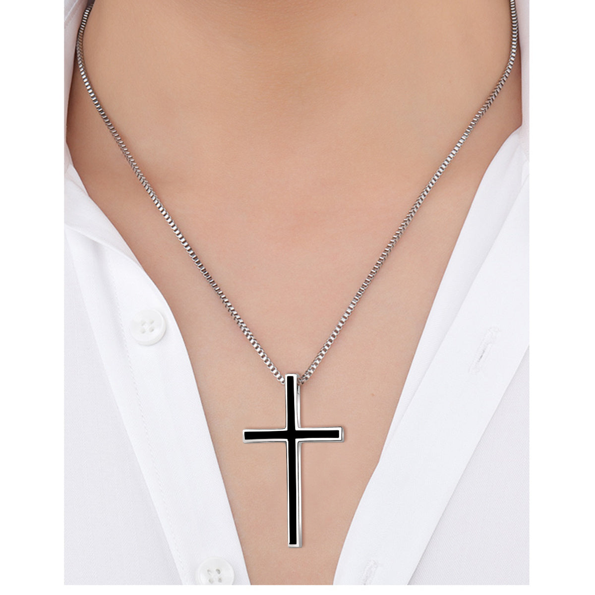 925 Sterling Silver Black Cross Pendant – Classic Christian Necklace for Men, White Gold Plated, 24” Chain