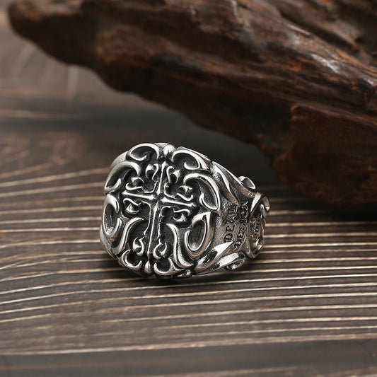 Men's S925 Sterling Silver Cross Ring – Adjustable Open Band | Heavy Industrial Faith Style
