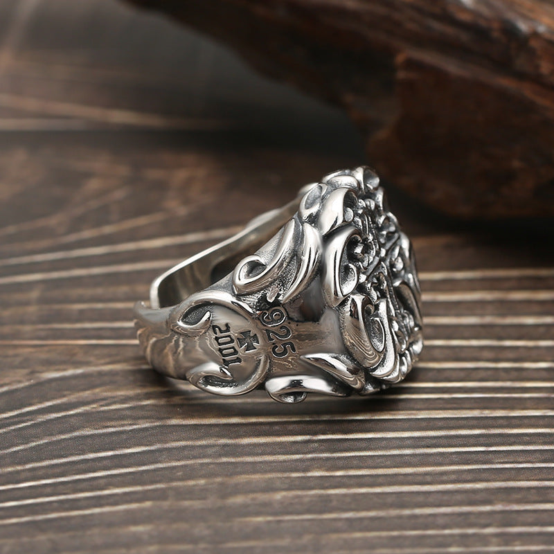 Men's S925 Sterling Silver Cross Ring – Adjustable Open Band | Heavy Industrial Faith Style