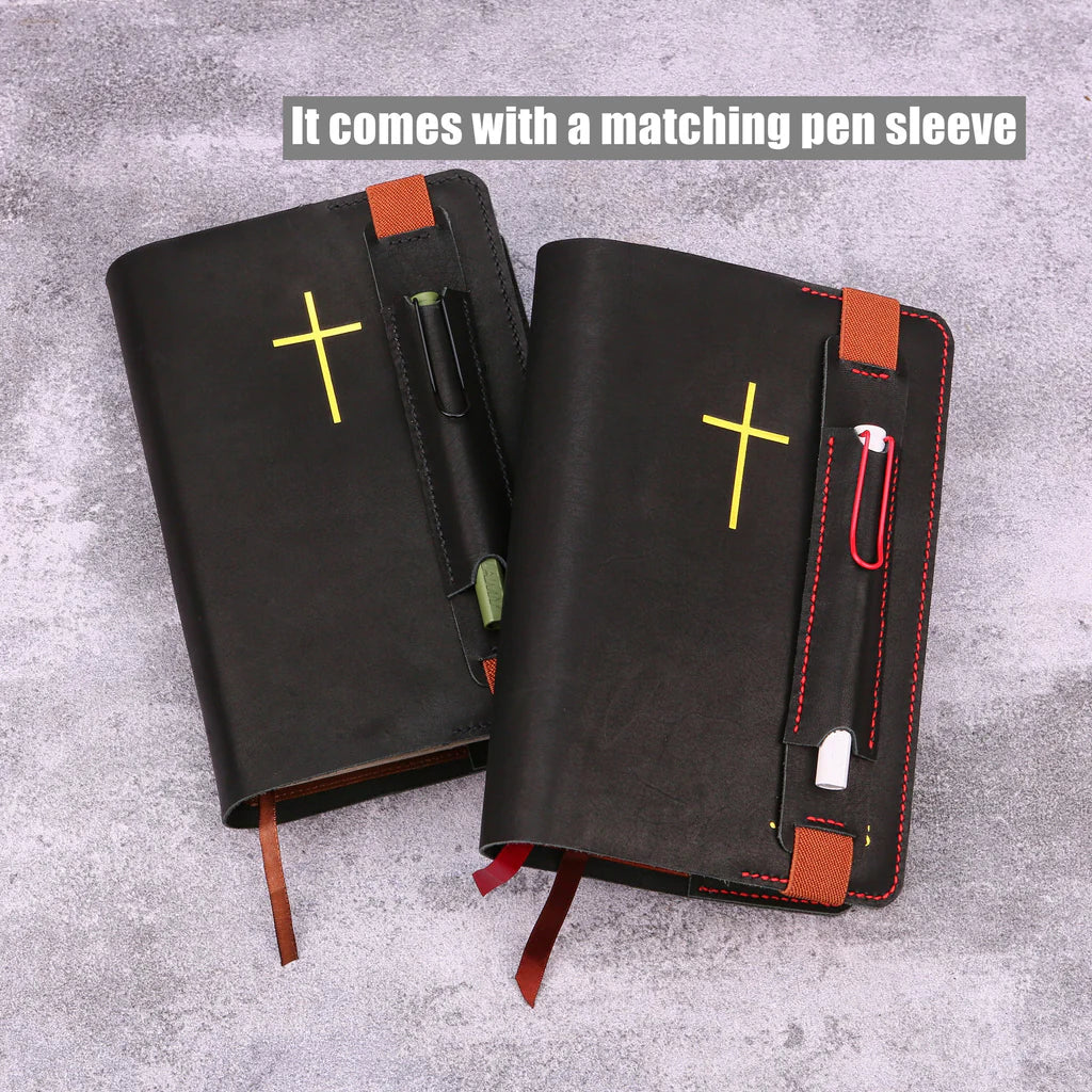 Personalized Leather Bible Cover with Cross & Pen Holder – Custom Name Engraved