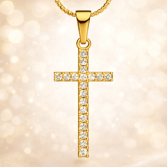 18K Gold Plated Cross Necklace for Women – Stainless Steel Faith Pendant with CZ Stones, 19.5" Chain, Christian Gift Jewelry