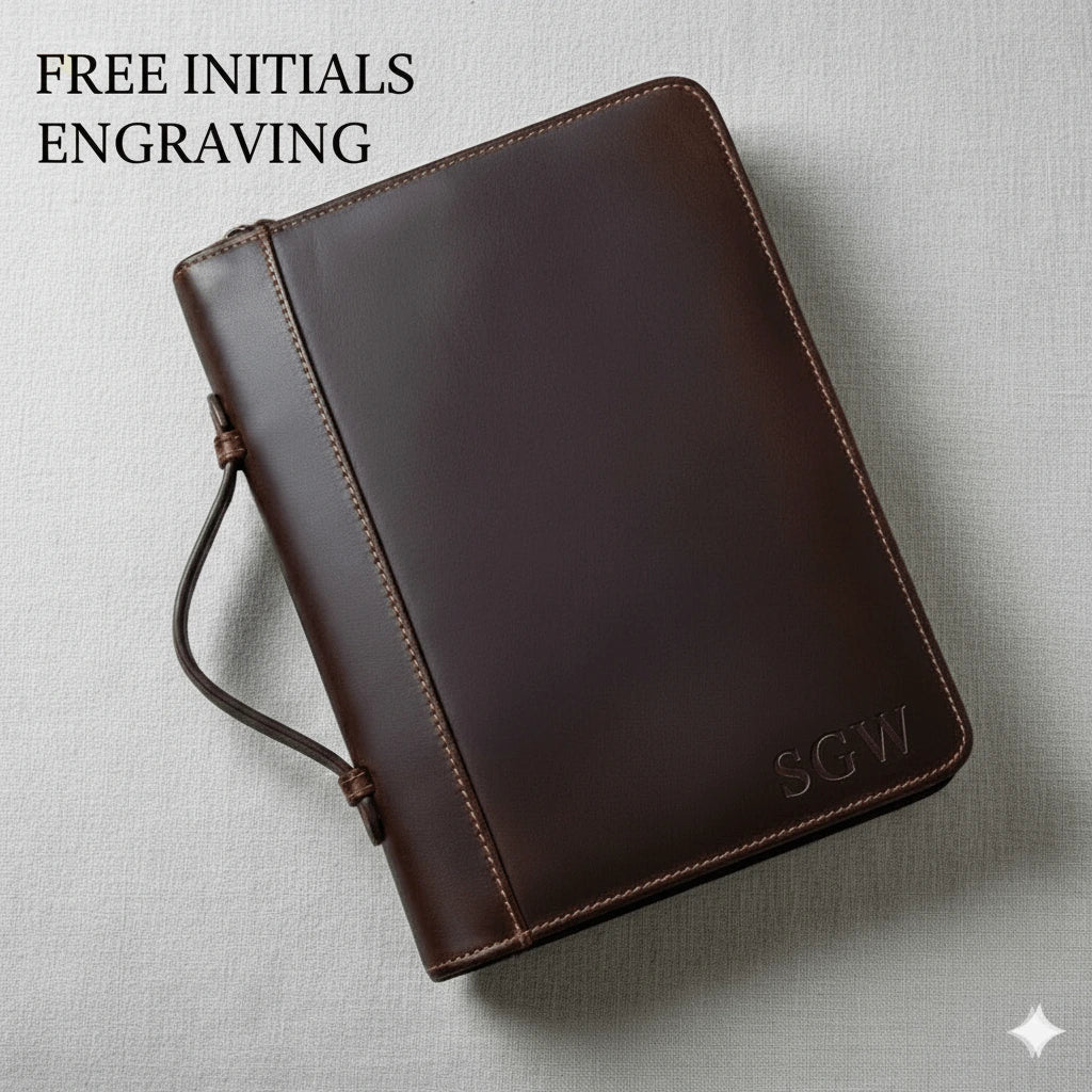 Genuine leather Bible cover with handle and zipper — personalized with free initials engraving, Christian gift from Light of Christ Shop.