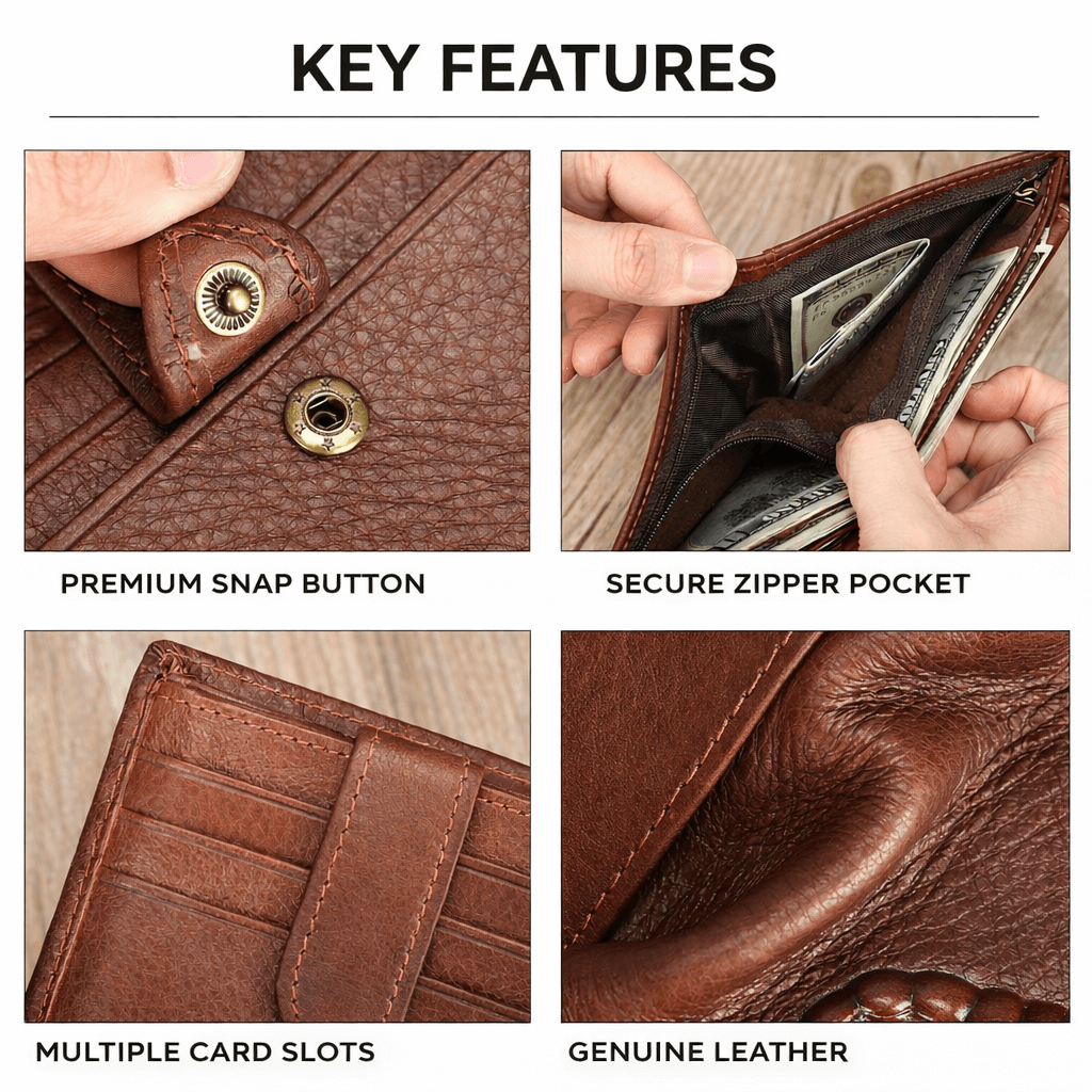 Key features of a brown genuine leather bifold wallet including snap button, zipper pocket, card slots, and premium leather