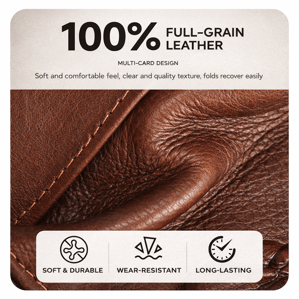 Close-up of brown full-grain leather wallet showing natural texture and stitching details