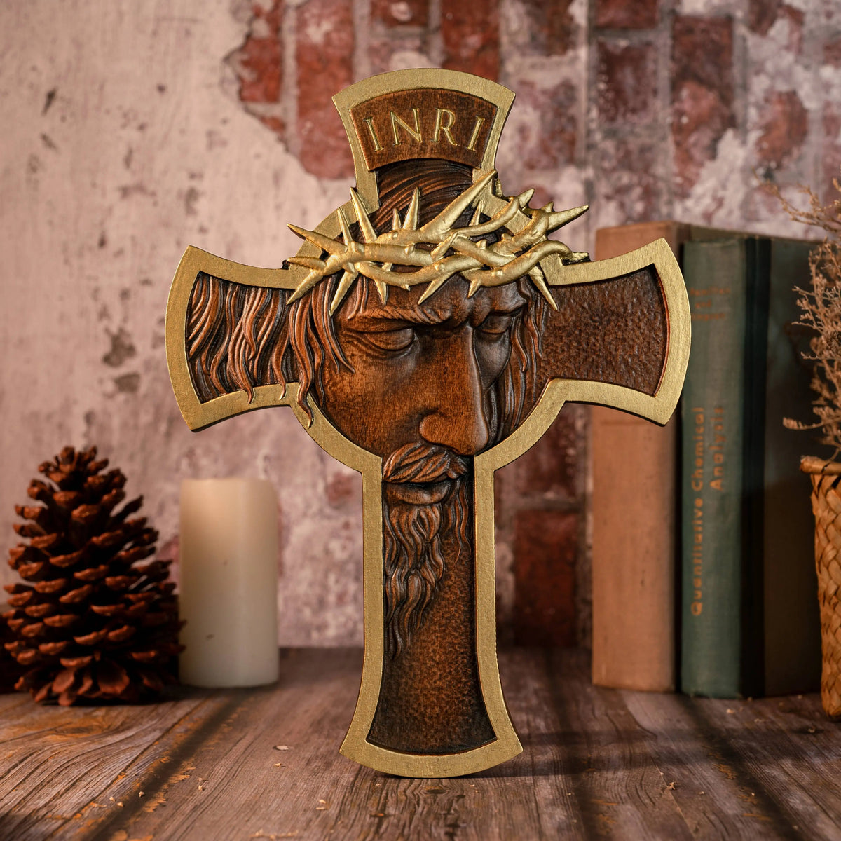 Gold-accented wooden Jesus crucifix with detailed carving, crown of thorns, and INRI inscription