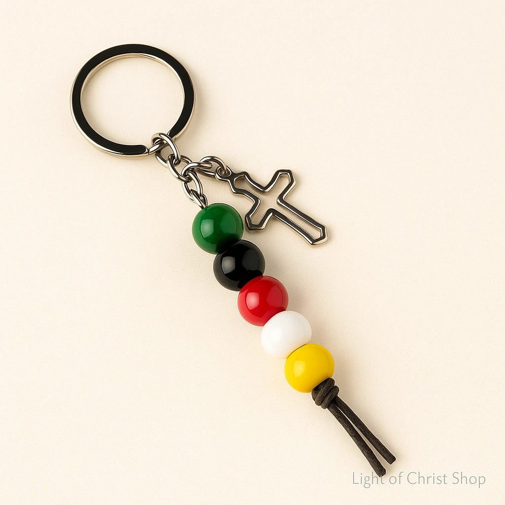Five-color Gospel Beads Faith Keychain with metal cross and leather tassel, main view.