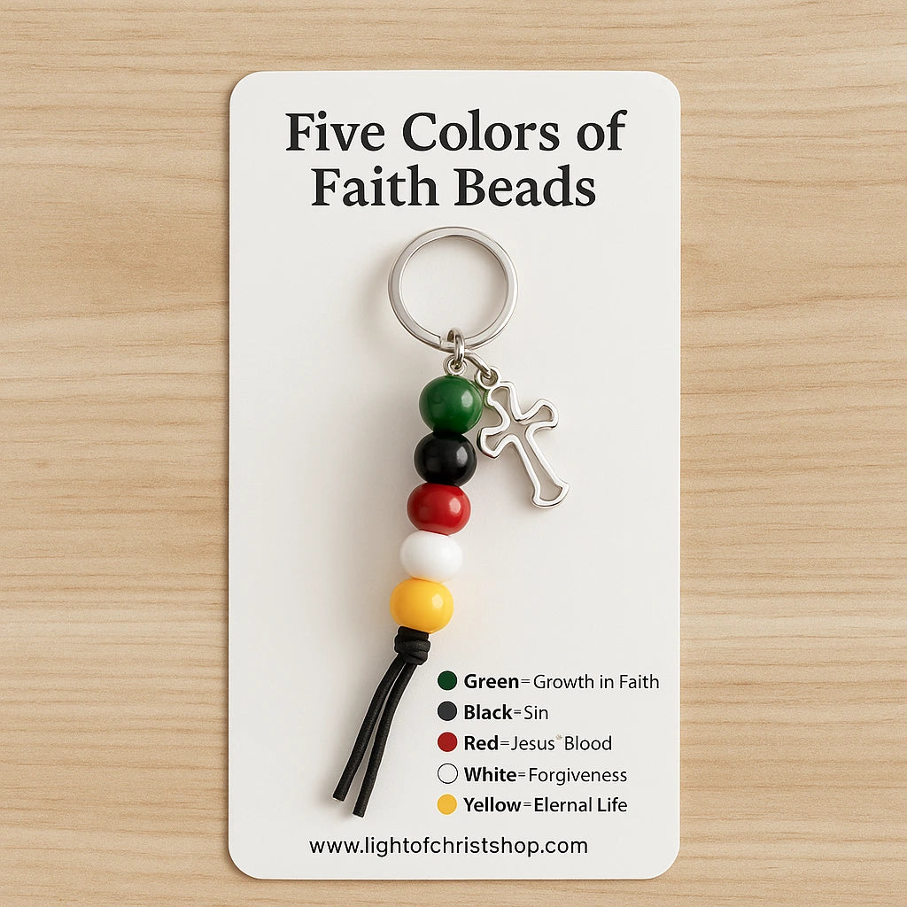Gospel Beads Keychain in full view with its white packaging card labeled "FIVE Colors of Faith Beads"
