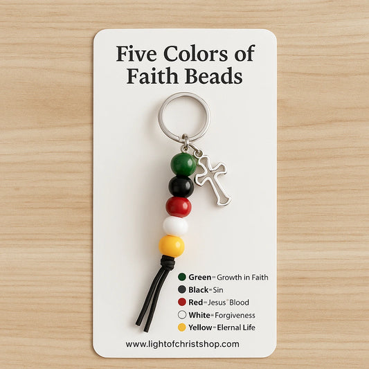 Gospel Beads Keychain in full view with its white packaging card labeled "FIVE Colors of Faith Beads"