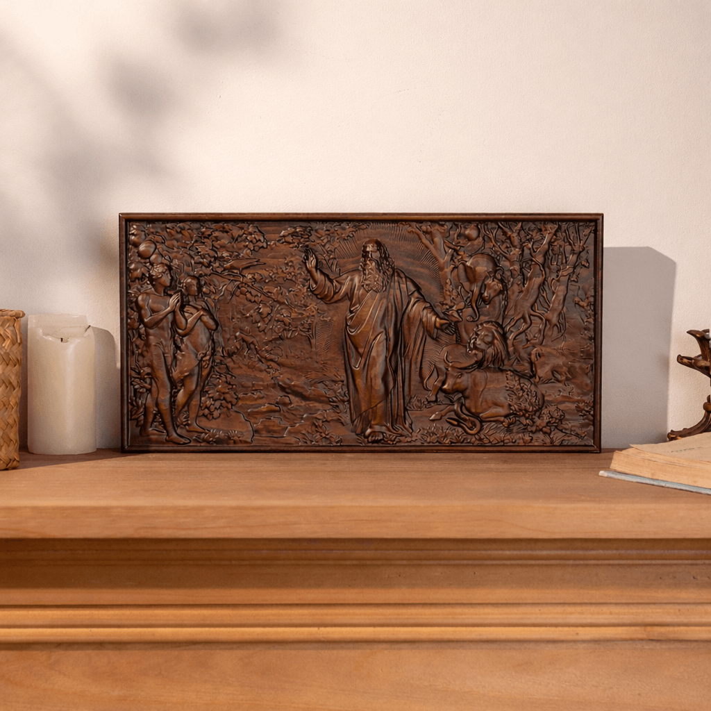 Hand-carved beechwood relief plaque depicting the Garden of Eden biblical scene, made to order