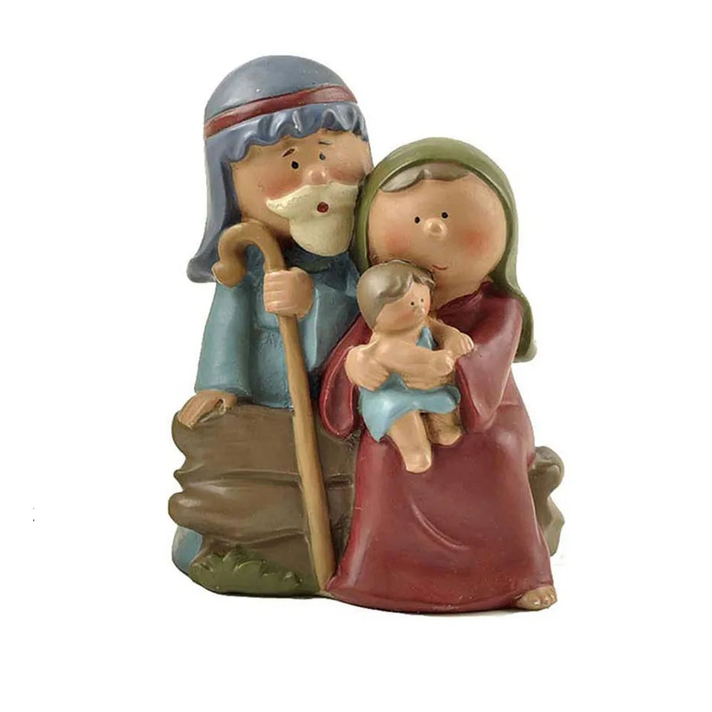 Holy Family Nativity figurine with Mary holding Baby Jesus and Joseph standing beside them, resin Christmas decoration.