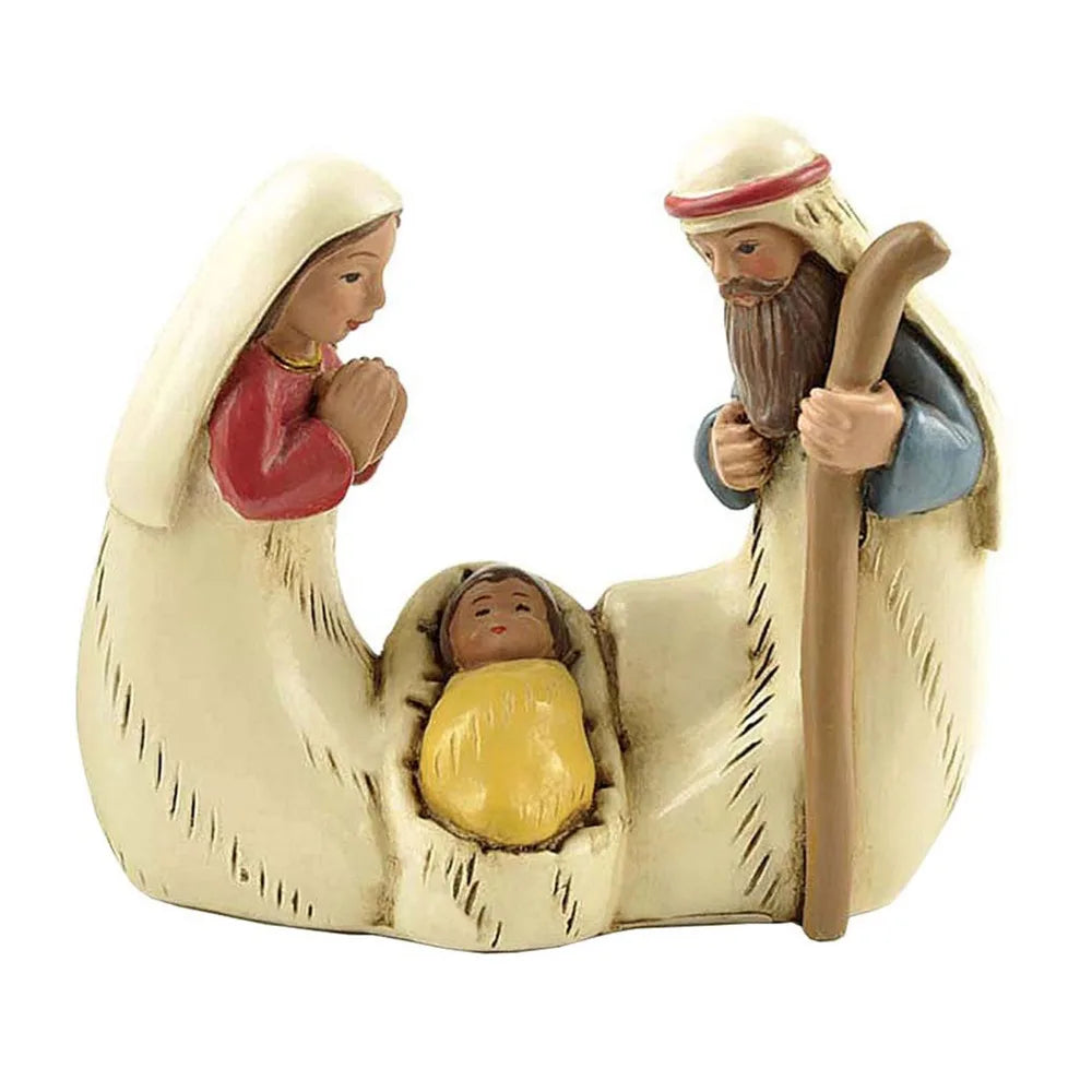 Holy Family Nativity figurine in Style B, featuring Mary, Joseph, and Baby Jesus in a resin manger scene.