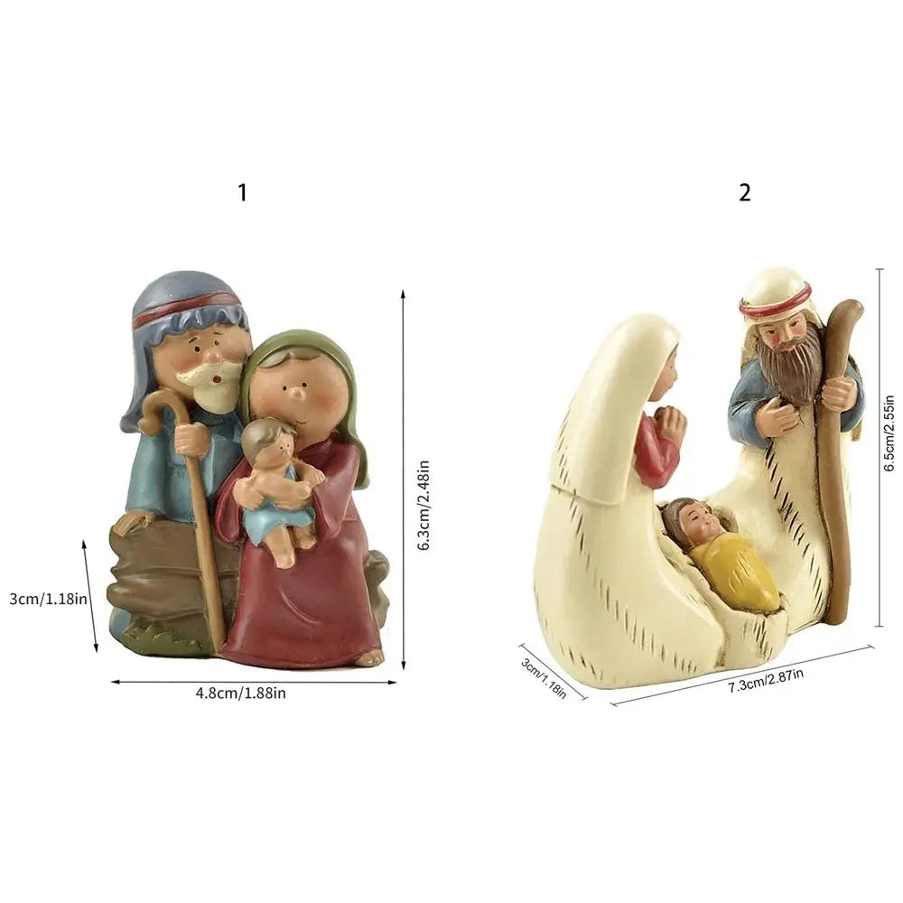 Size chart showing two Holy Family Nativity figurines, including dimensions in centimeters and inches for both styles