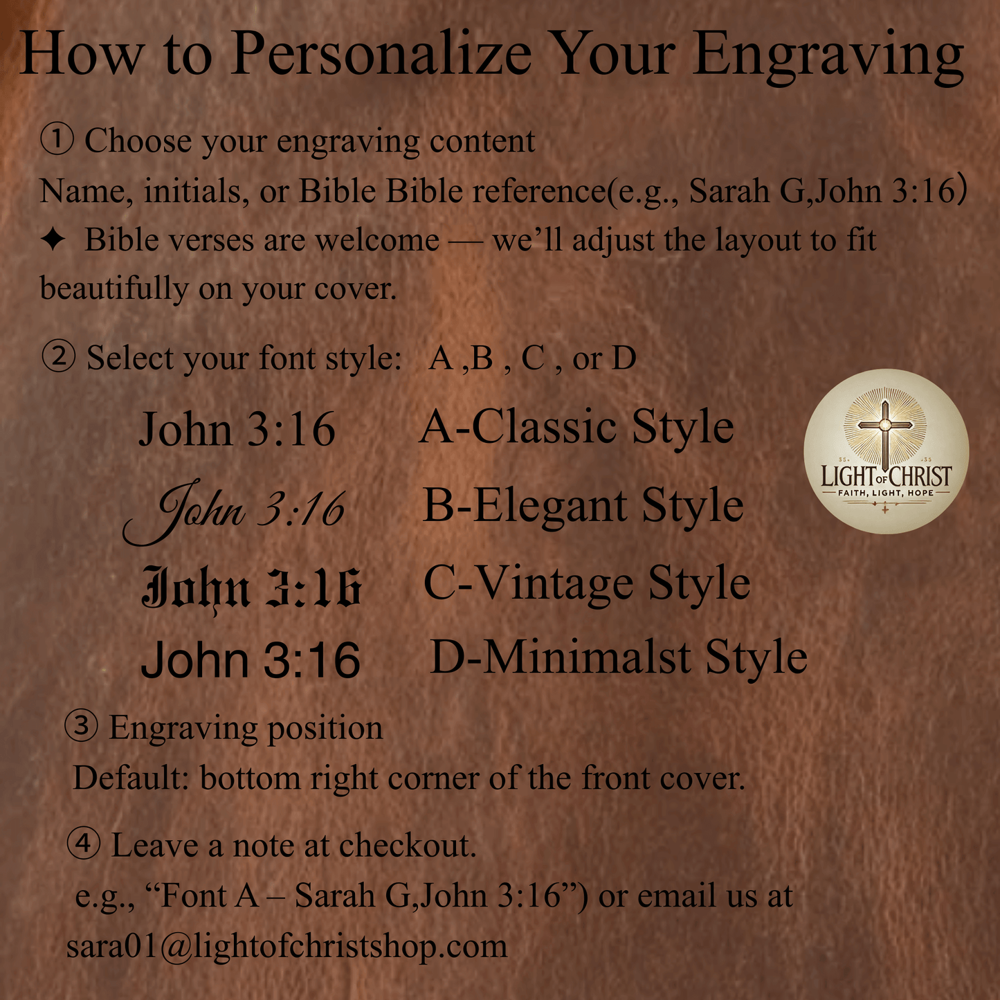 Engraving personalization guide showing how to choose Bible verse, font style, and engraving position for custom Bible covers by Light of Christ Shop
