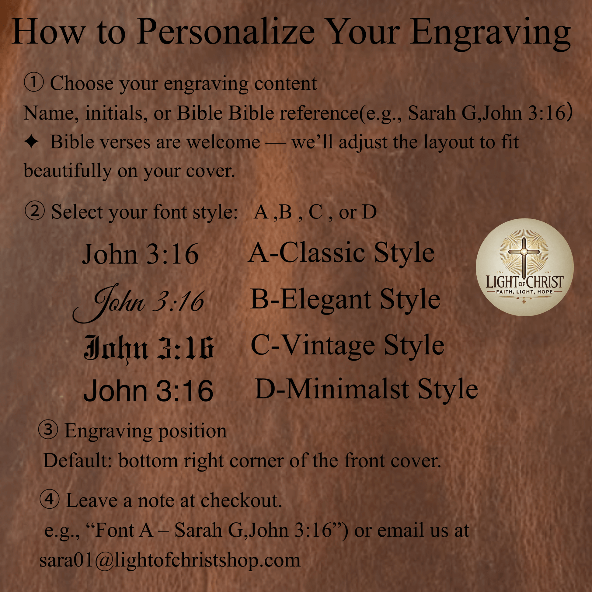 Engraving personalization guide showing how to choose Bible verse, font style, and engraving position for custom Bible covers by Light of Christ Shop
