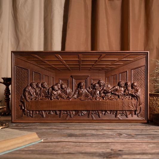 Carved Beech Wood Last Supper Wall Plaque with Jesus and the Twelve Apostles