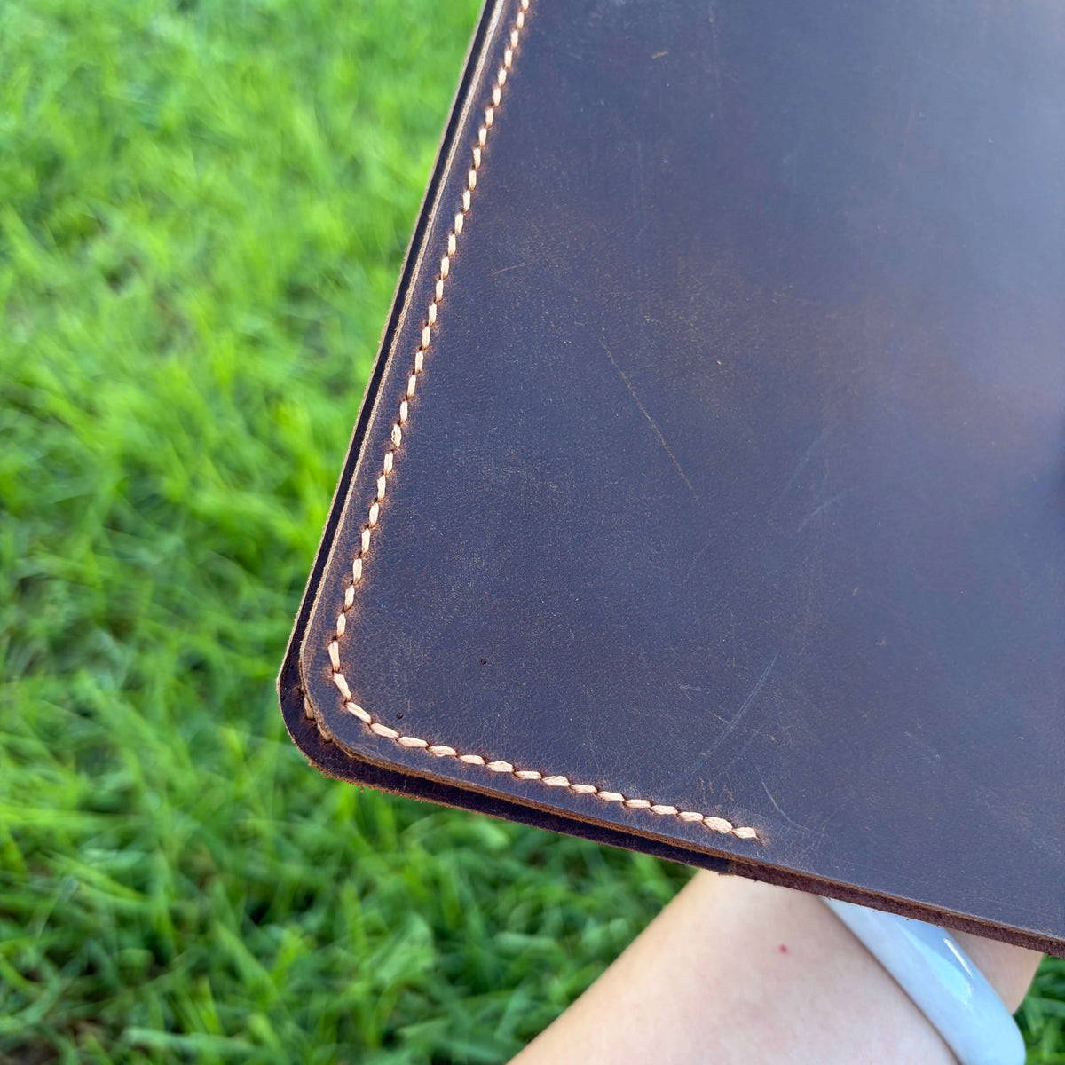  leather Bible cover side view with stitching