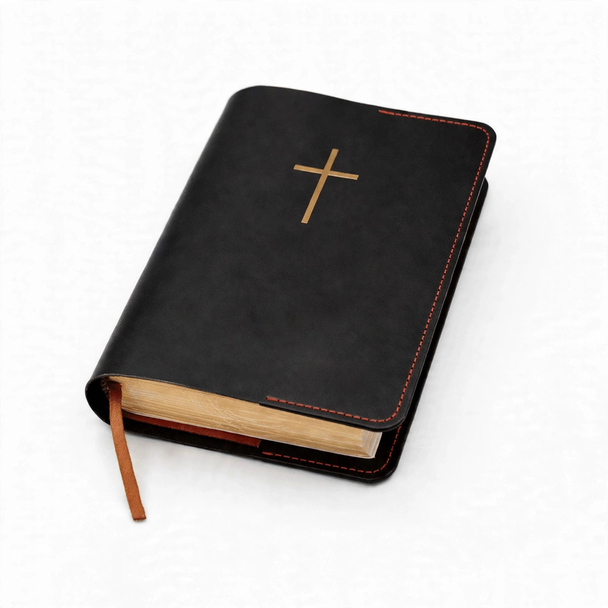 Black full grain leather Bible cover with gold-foil cross and pen holder, front view