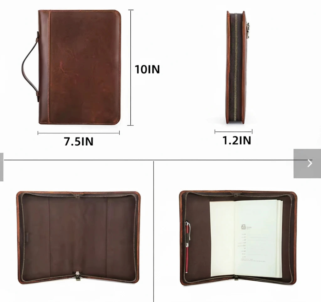 Size chart and interior layout of genuine leather Bible cover with zipper and handle — 10 x 7.5 x 1.2 inches, includes pen holder and pockets.