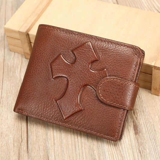 Brown leather wallet with embossed classic cross design on the front
