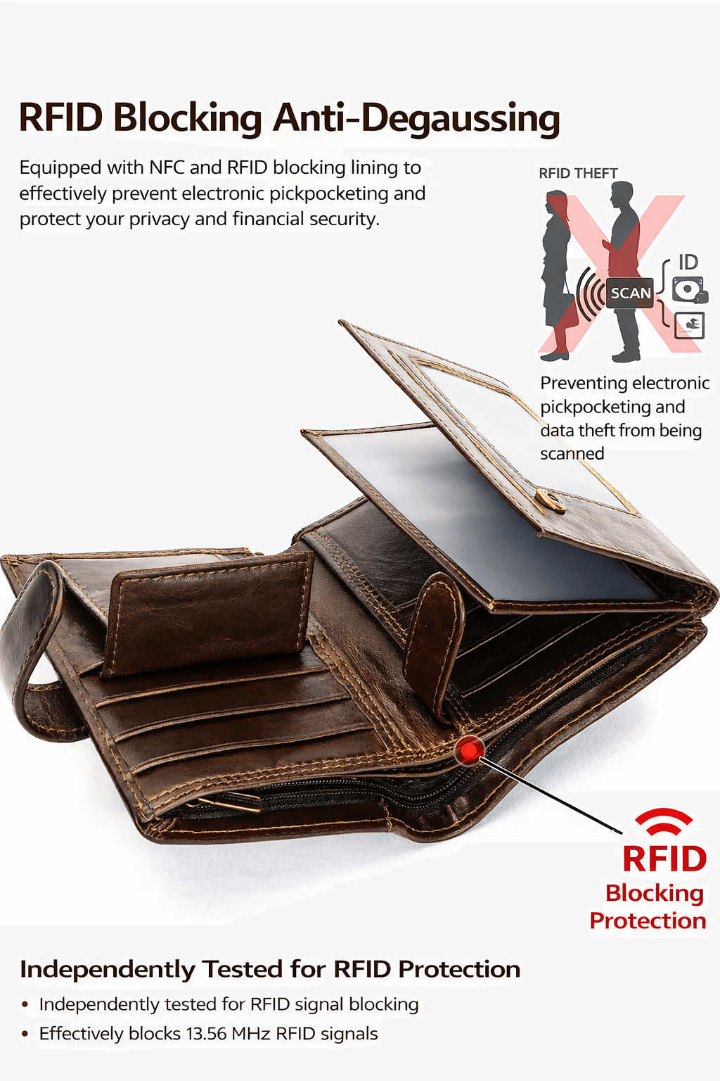 Brown leather wallet with open design showing card slots, equipped with RFID blocking technology.