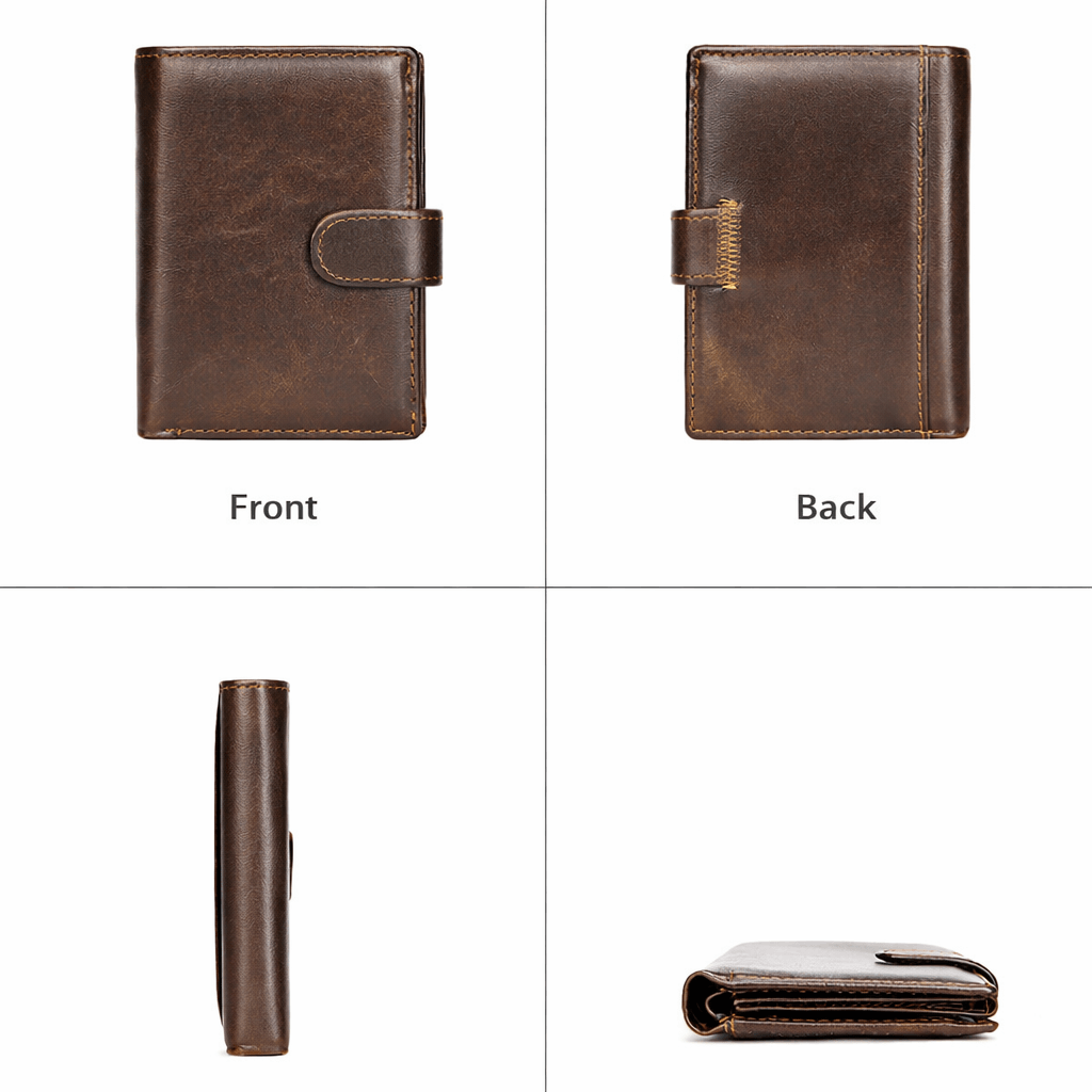 Brown leather wallet shown from front, back, and side views on a white background.