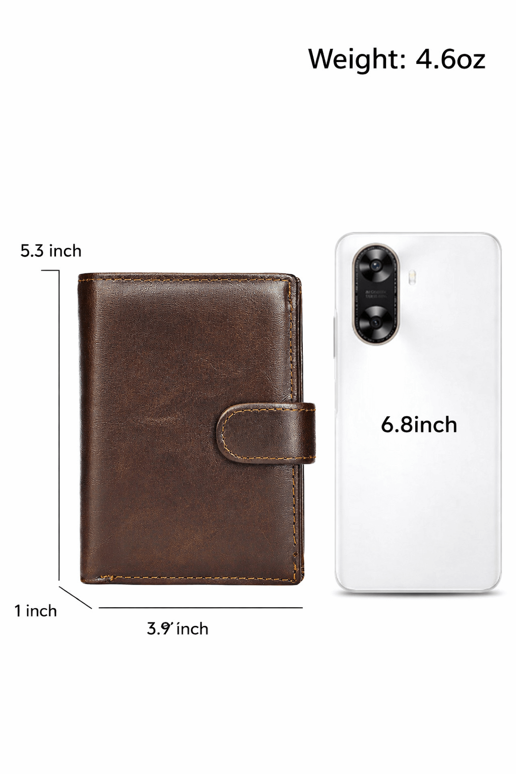 Brown leather wallet and white phone with measurements and weight displayed on a white background