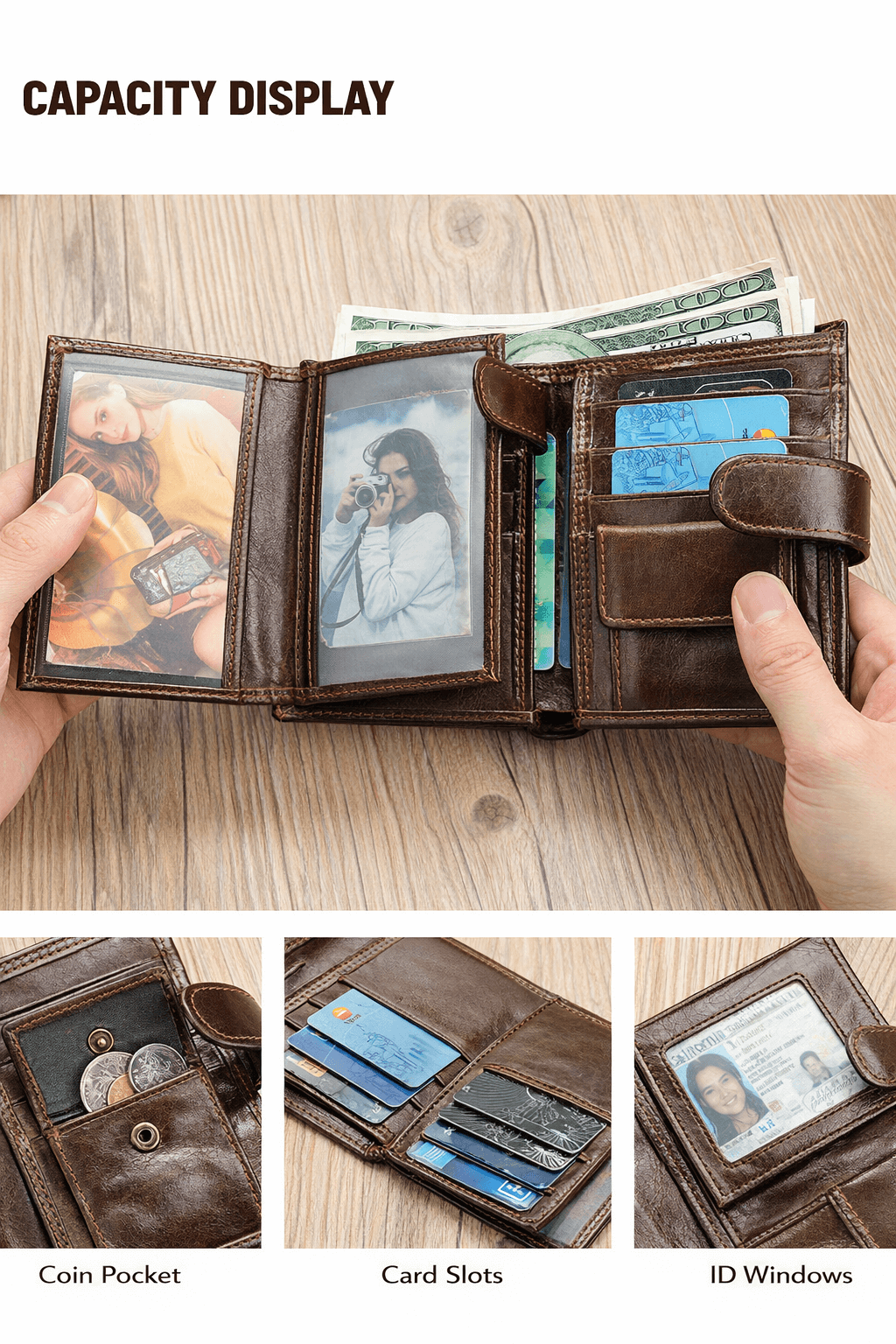 Brown leather wallet with various compartments on a wooden surface
