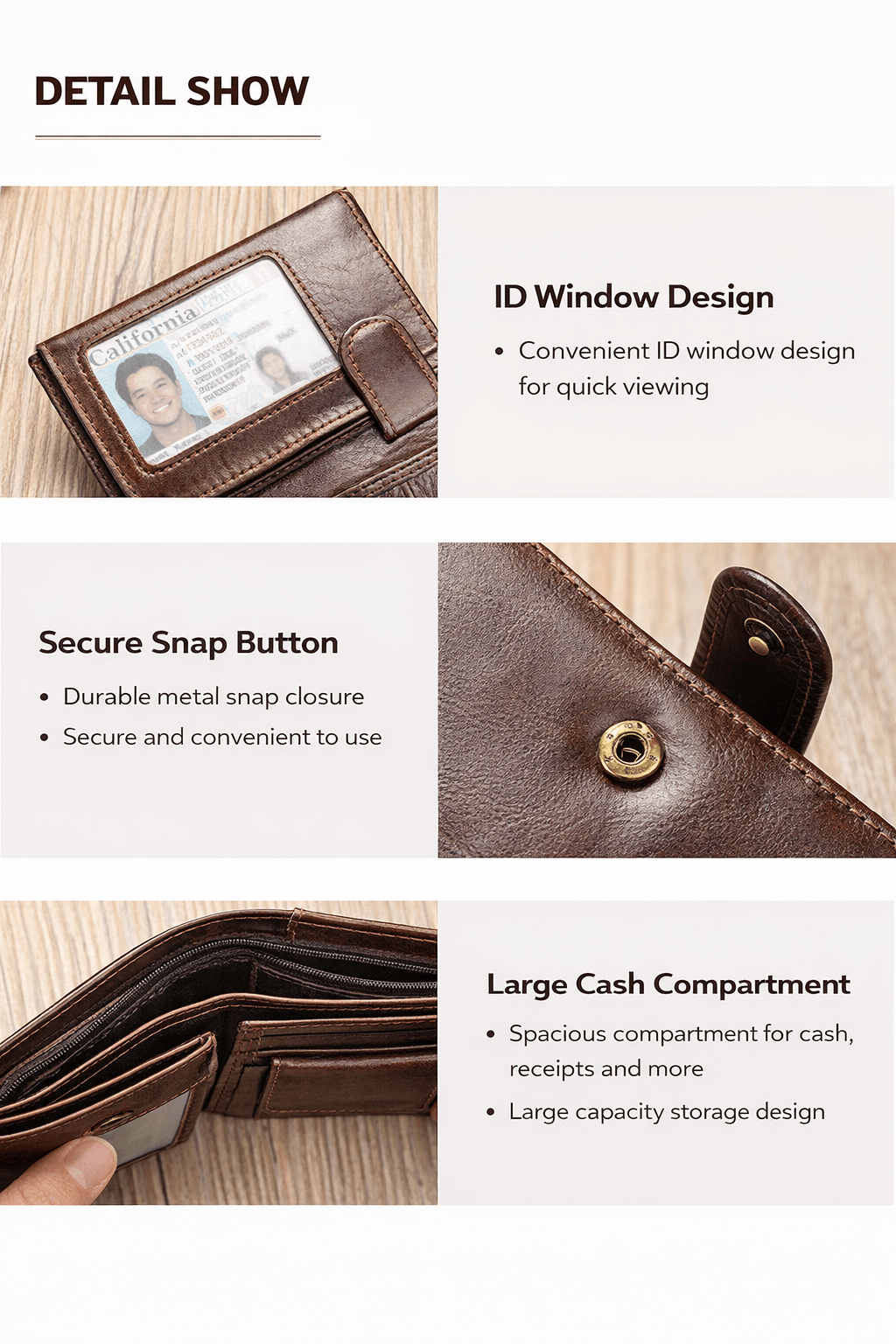 Brown wallet with ID window, secure snap button, and large cash compartment on a light background.
