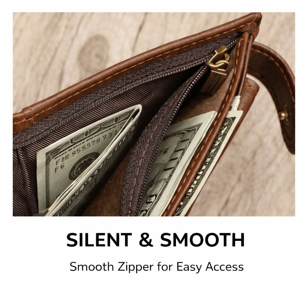 Brown leather wallet with smooth zipper pocket for secure coin storage