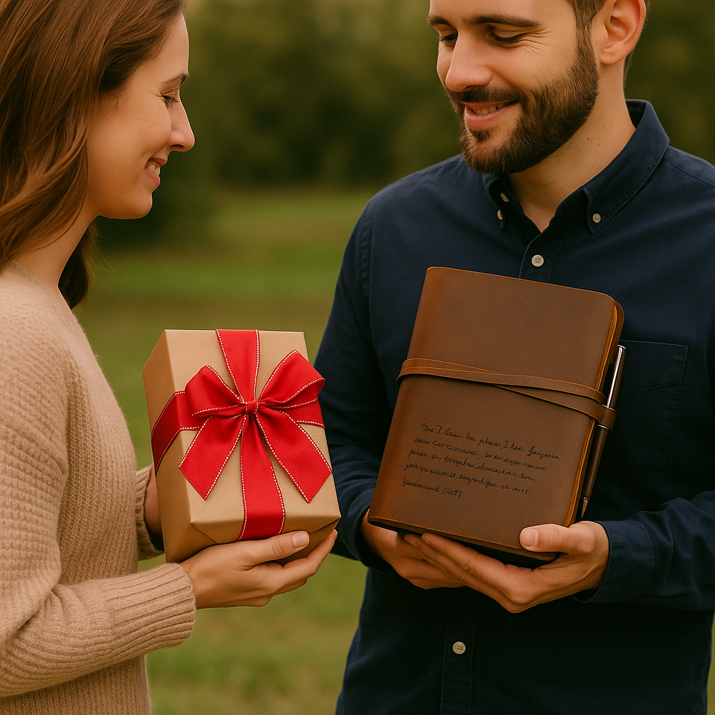 Smiling couple exchanging gifts outdoors, with the man holding a brown leather Bible cover engraved with Jeremiah 29:11 and the woman holding a present wrapped with a red ribbon